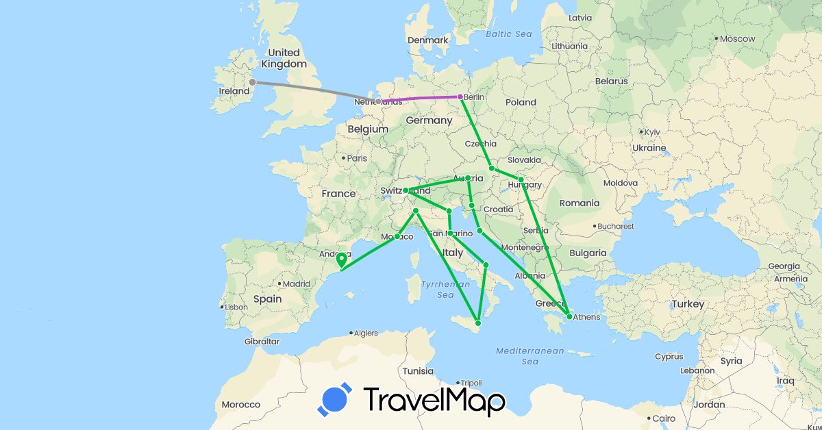 TravelMap itinerary: driving, bus, plane, train in Austria, Switzerland, Germany, Spain, Greece, Croatia, Hungary, Ireland, Italy, Monaco, Netherlands, Slovenia, San Marino (Europe)